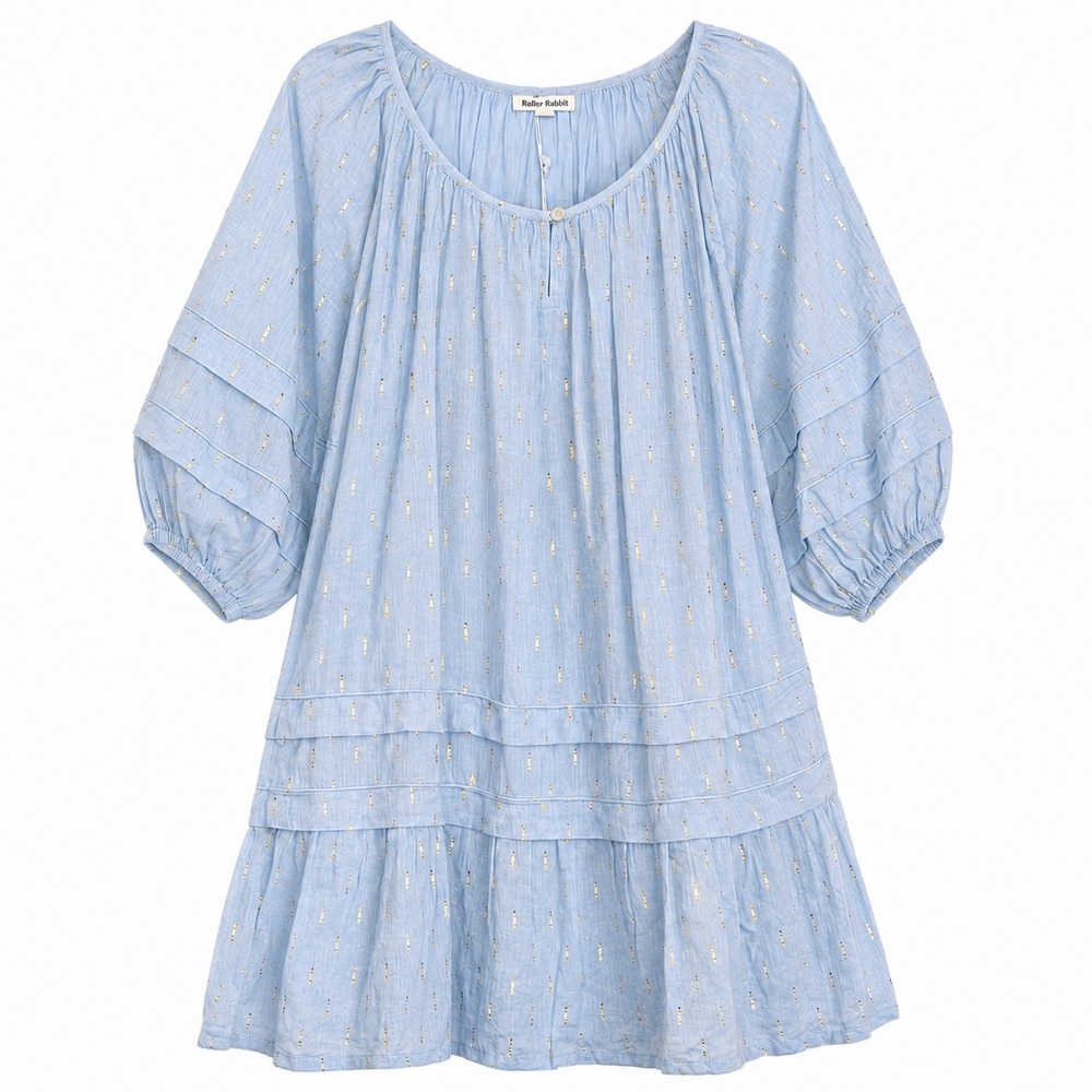 Roller Rabbit Tramaina Dress XS Blue Gold Speckled Cotton Tiered Mini NWT
